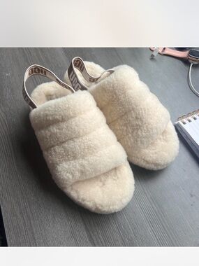 UGG Cream Faux Shearling Slide with Branded Elastic Heel